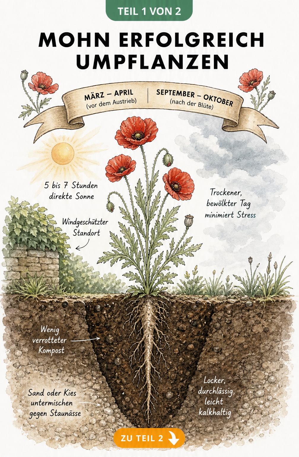 Schnittdarstellung eines Gartenbeets mit einer Mohnpflanze, die ideale Bedingungen wie Sonne, Windschutz und Bodenbeschaffenheit zum Umpflanzen zeigt.