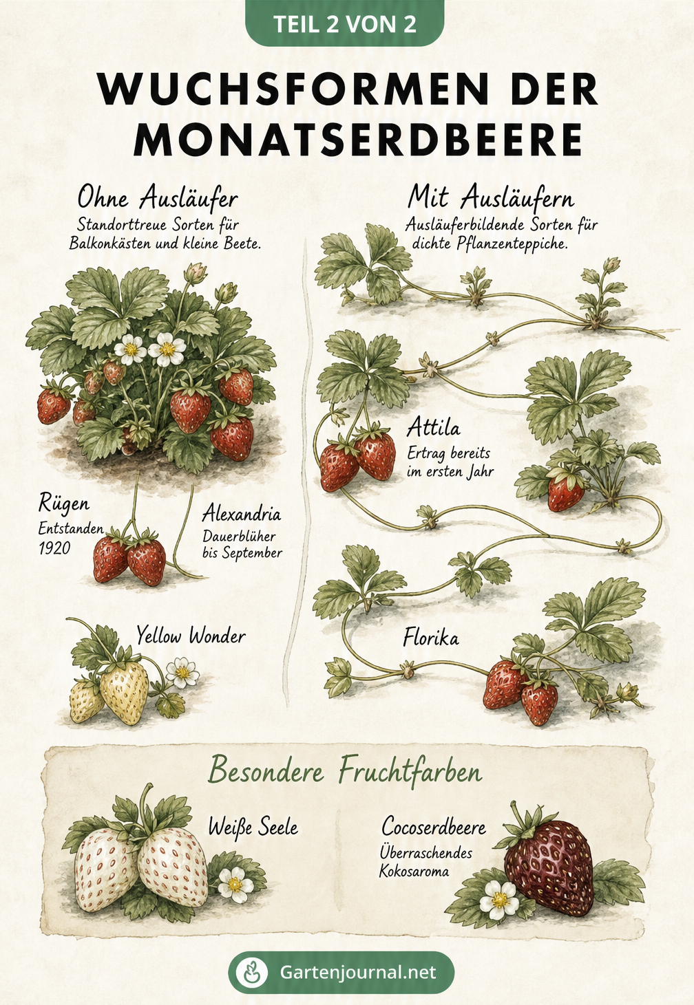Botanische Lehrtafel mit Wuchsformen von Monatserdbeeren: buschige Sorten ohne Ausläufer und kriechende Sorten mit Ausläufern sowie verschiedene Fruchtfarben.