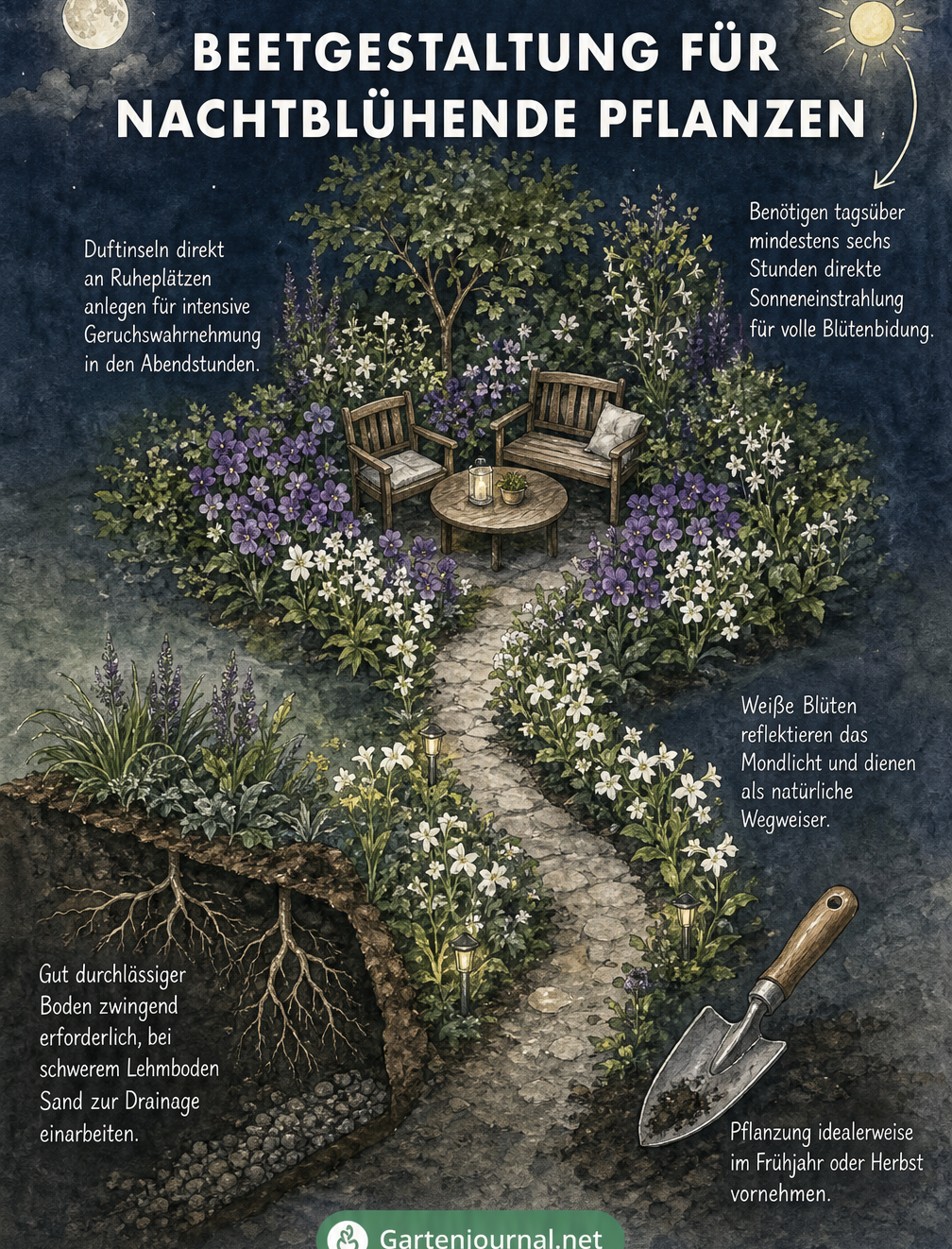 Isometrische Gartenskizze eines Mondscheingartens mit Sitzgruppe, umgeben von Nachtviolen, Ziertabak und Phlox
