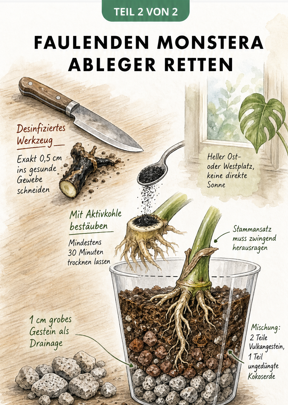 Illustration zur Rettung eines faulenden Monstera-Ablegers mit Werkzeug, Aktivkohle und neuem Substrat