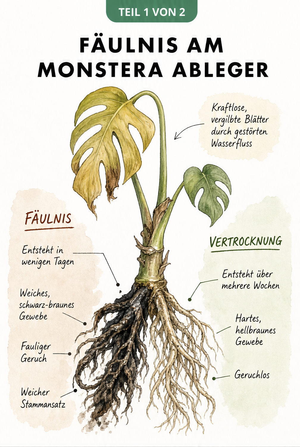 Illustration eines kranken Monstera-Ablegers mit faulenden und gesunden Wurzeln im Vergleich