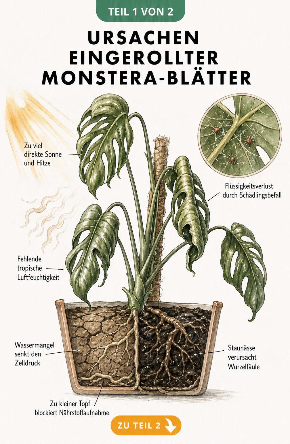 Botanische Illustration einer Monstera mit eingerollten Blättern, die Ursachen wie zu viel Sonne, trockene Luft, Spinnmilben, Wassermangel, Staunässe und einen...