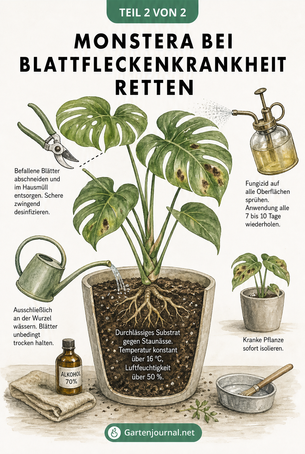 Illustration einer Monstera im Topf mit Gartenschere, Pflanzenspritze und Gießkanne zur Behandlung der Blattfleckenkrankheit