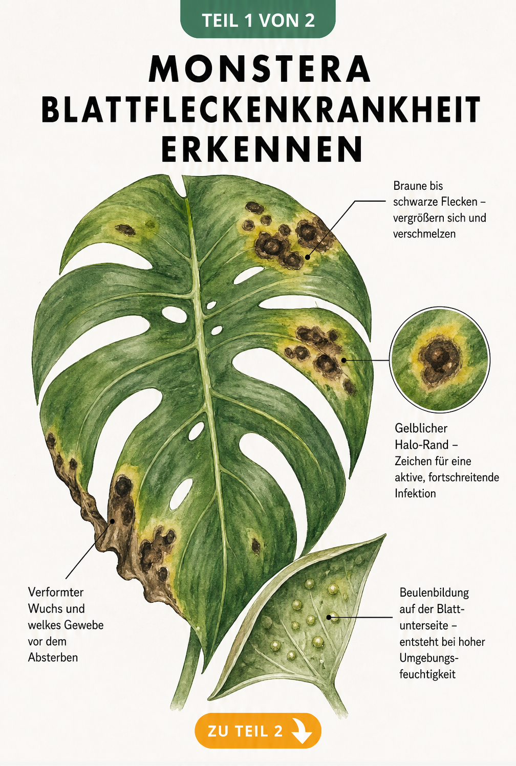Illustration eines Monstera-Blattes mit braunen und schwarzen Flecken, gelbem Halo-Rand und Beulenbildung als Symptome der Blattfleckenkrankheit
