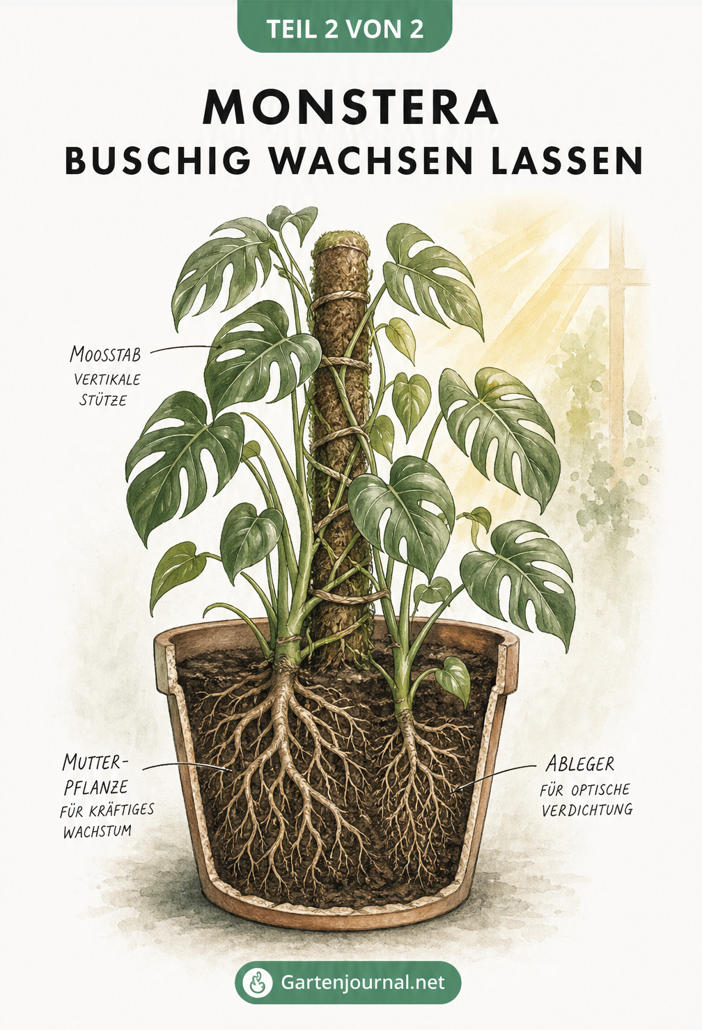 Schnittzeichnung einer Monstera im Topf mit Mutterpflanze, Ableger und Moosstab