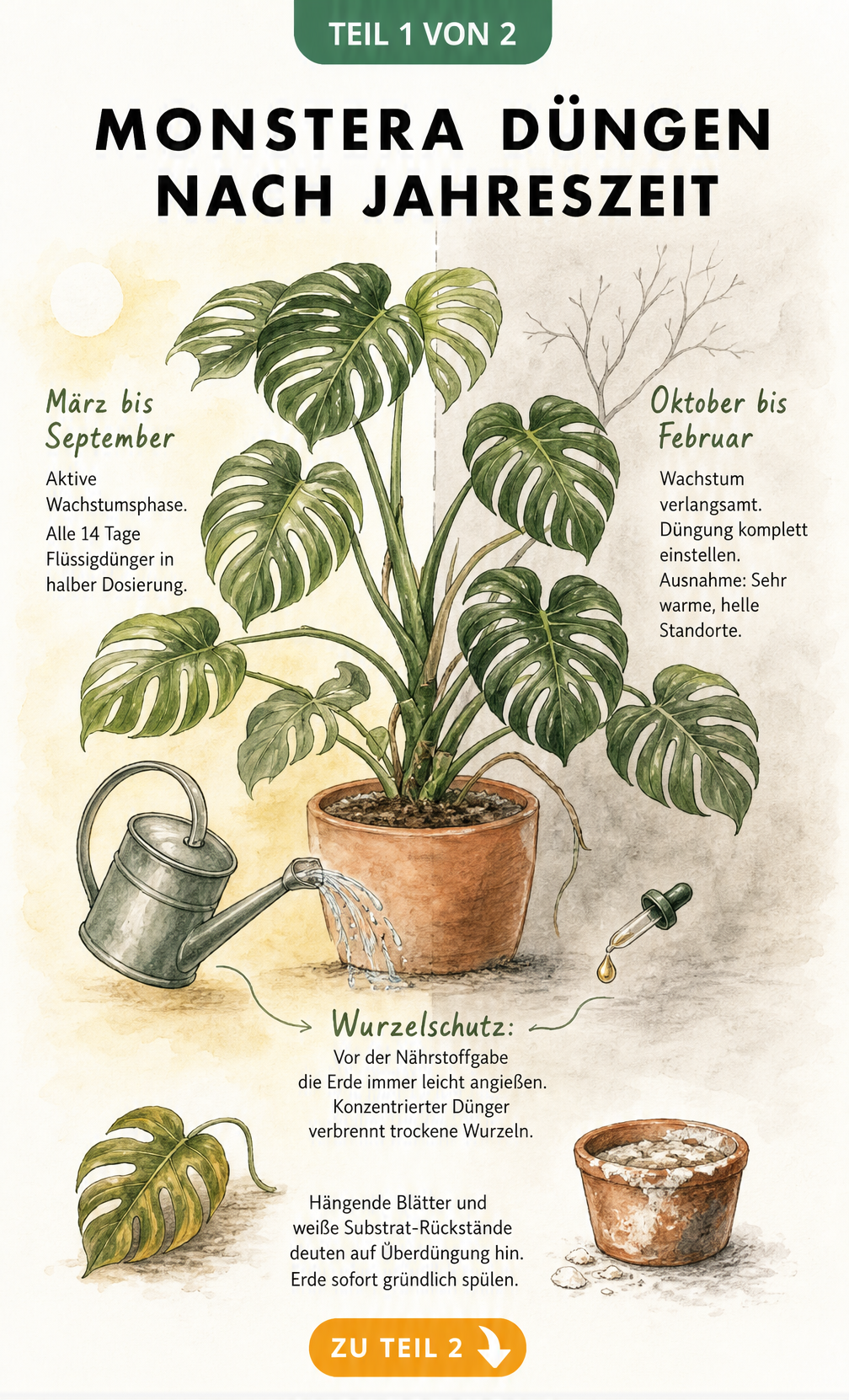 Illustration einer Monstera-Pflanze, die in eine helle Wachstumsphase und eine dunklere Ruhephase unterteilt ist, mit Hinweisen zur Düngung nach Jahreszeit.