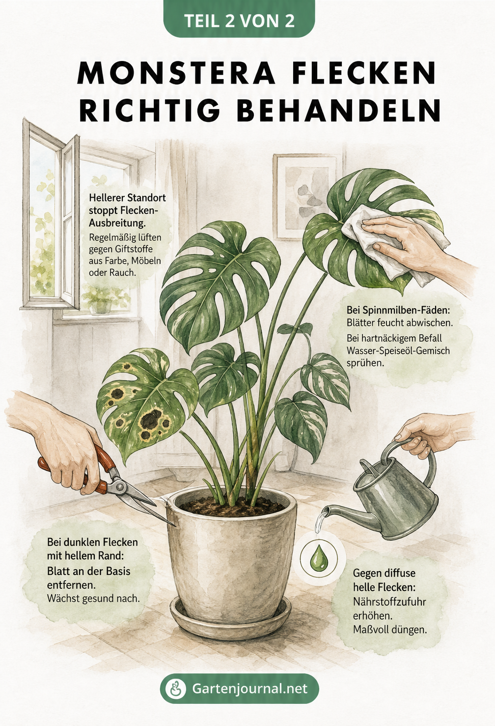 Skizze einer Monstera im Raum mit Pflegehinweisen: Hellerer Standort, Blätter abwischen bei Spinnmilben, befallene Blätter abschneiden und Nährstoffzufuhr...