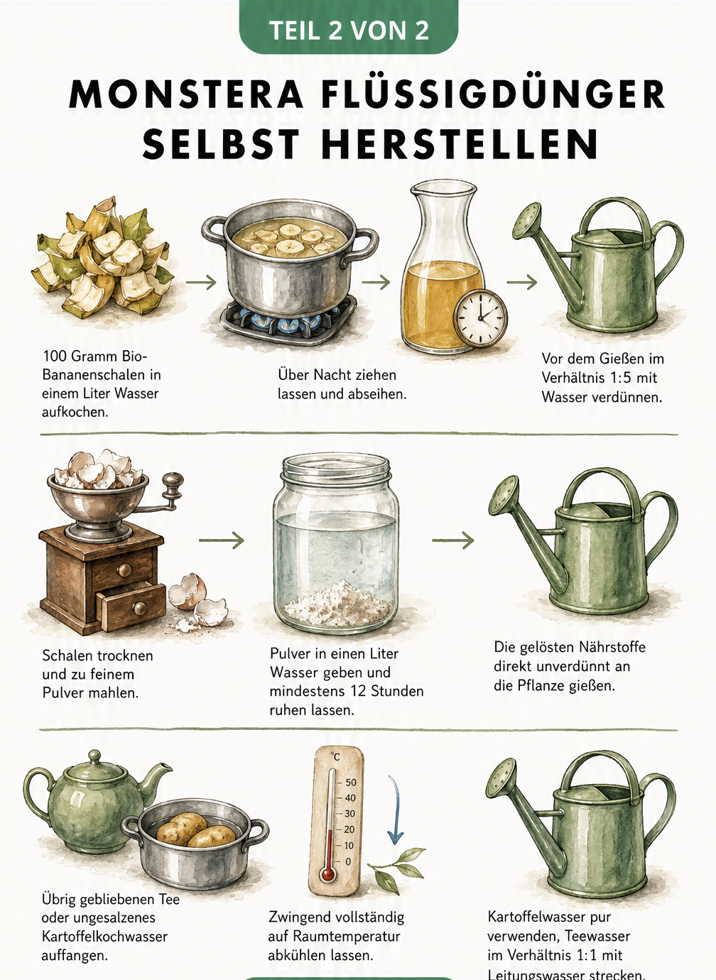 Illustration zur Herstellung von Flüssigdünger für Monstera aus Bananenschalen, Eierschalen, Tee und Kartoffelwasser