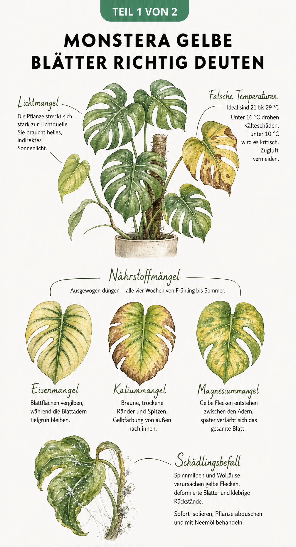 Botanische Illustration einer Monstera mit gelben Blättern durch Lichtmangel, falsche Temperaturen, Nährstoffmangel und Schädlinge