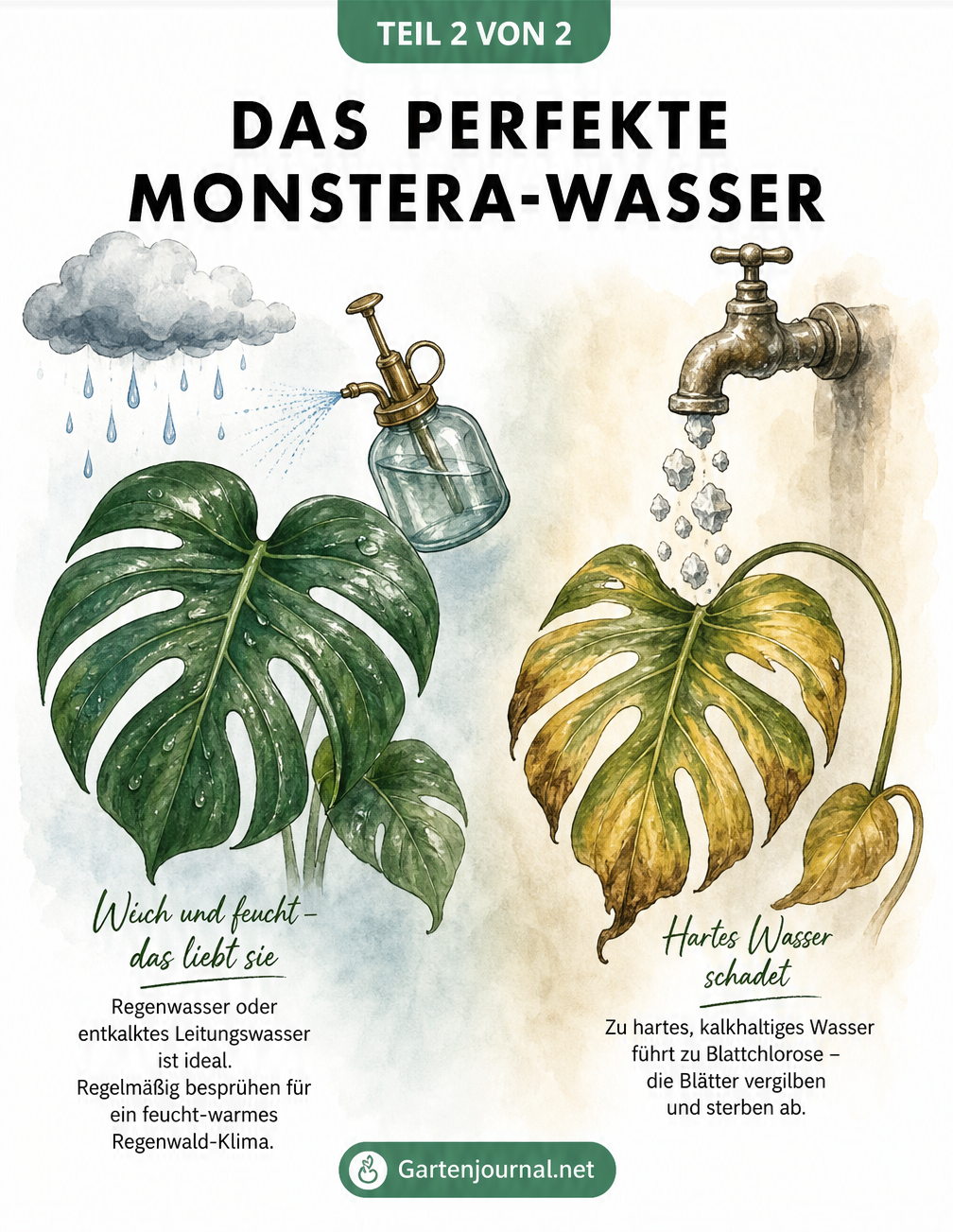 Vergleich zweier Monstera-Blätter: ein gesundes Blatt mit Regenwasser und ein gelbes Blatt durch hartes Leitungswasser