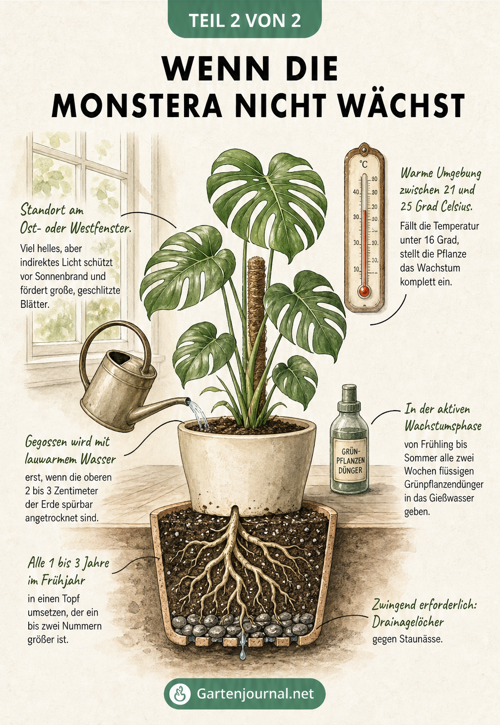 Querschnitt einer gesunden Monstera im Raum mit idealen Bedingungen wie Licht, Temperatur, Wasser und Dünger