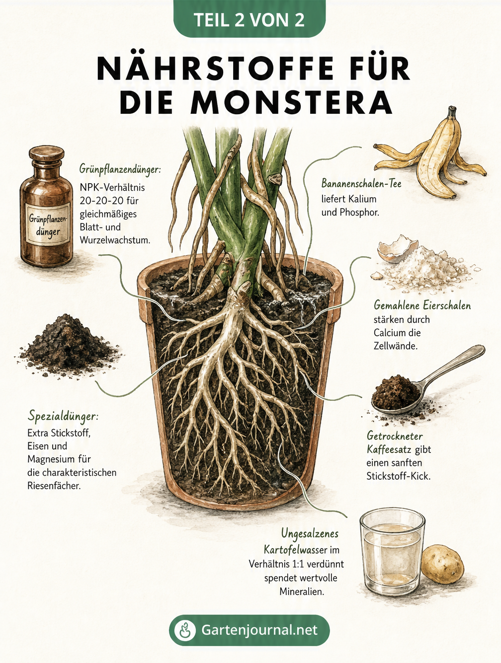 Querschnitt eines Terrakotta-Topfes mit Monstera-Wurzeln, umgeben von verschiedenen Düngemethoden wie Flüssigdünger, Bananenschalen, Eierschalen und Kaffeesatz.