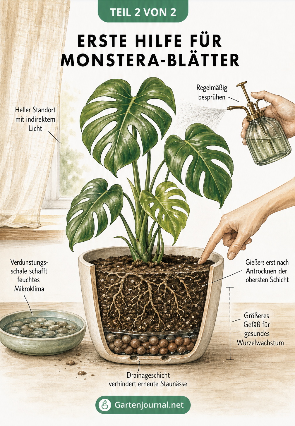 Illustration einer gesunden Monstera in idealer Umgebung mit Pflegemaßnahmen wie indirektem Licht, Verdunstungsschale, Besprühen, Drainageschicht, richtigem...