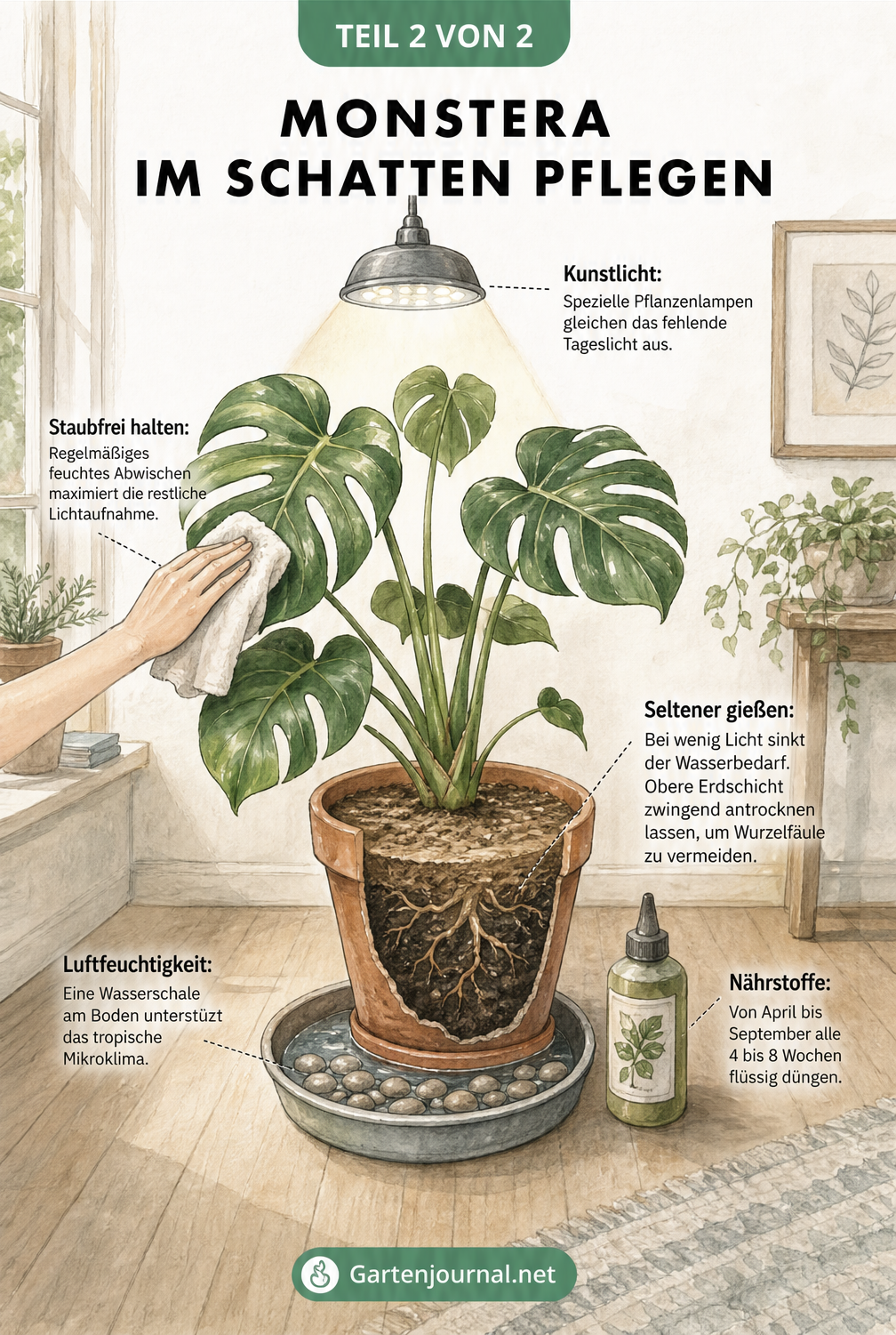 Isometrische Illustration zur Pflege einer Monstera im Schatten mit Pflanzenlampe, Staubtuch, Wasserschale und Dünger.