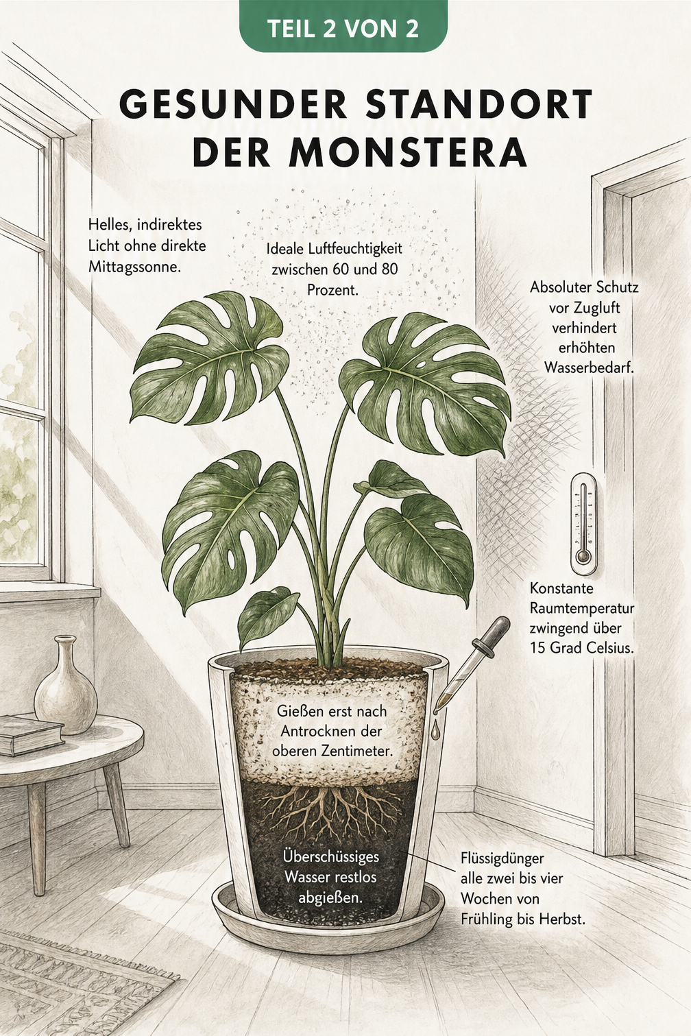 Schnittzeichnung eines Raumes mit einer gesunden Monstera, die ideale Pflegebedingungen wie indirektes Licht, richtige Temperatur und Luftfeuchtigkeit zeigt