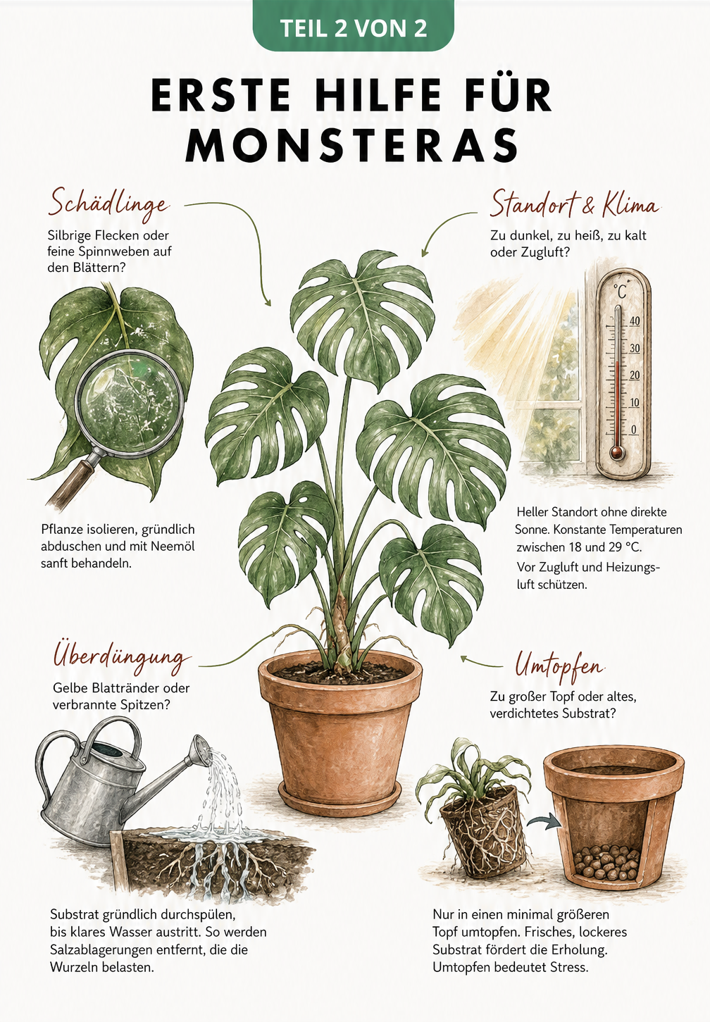 Illustration einer gesunden Monstera mit Tipps zu Schädlingen, Standort, Düngung und Umtopfen