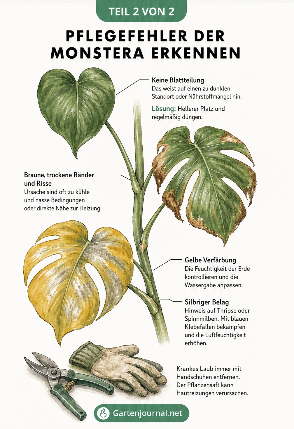 Zeichnung von drei Monstera-Blättern mit typischen Schadbildern wie braunen Rändern und gelben Verfärbungen