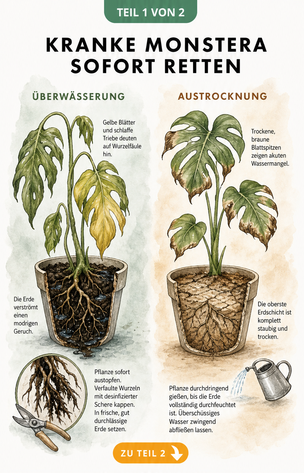Illustration einer kranken Monstera mit gelben Blättern durch Überwässerung und braunen Blattspitzen durch Austrocknung