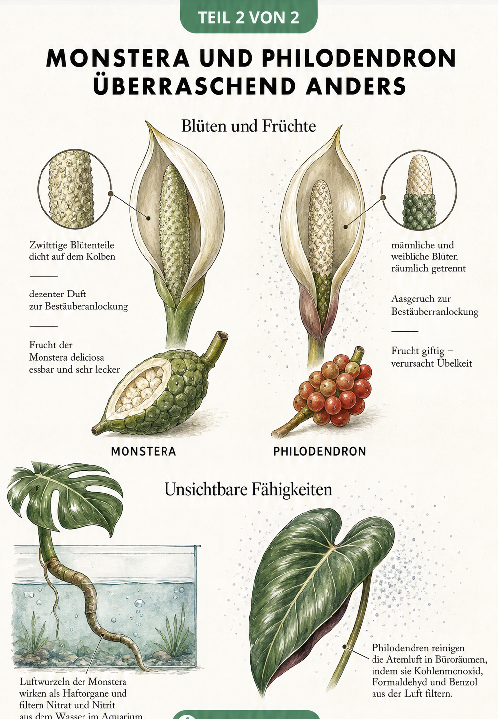 Illustration der Blüten, Früchte und nützlichen Eigenschaften von Monstera und Philodendron