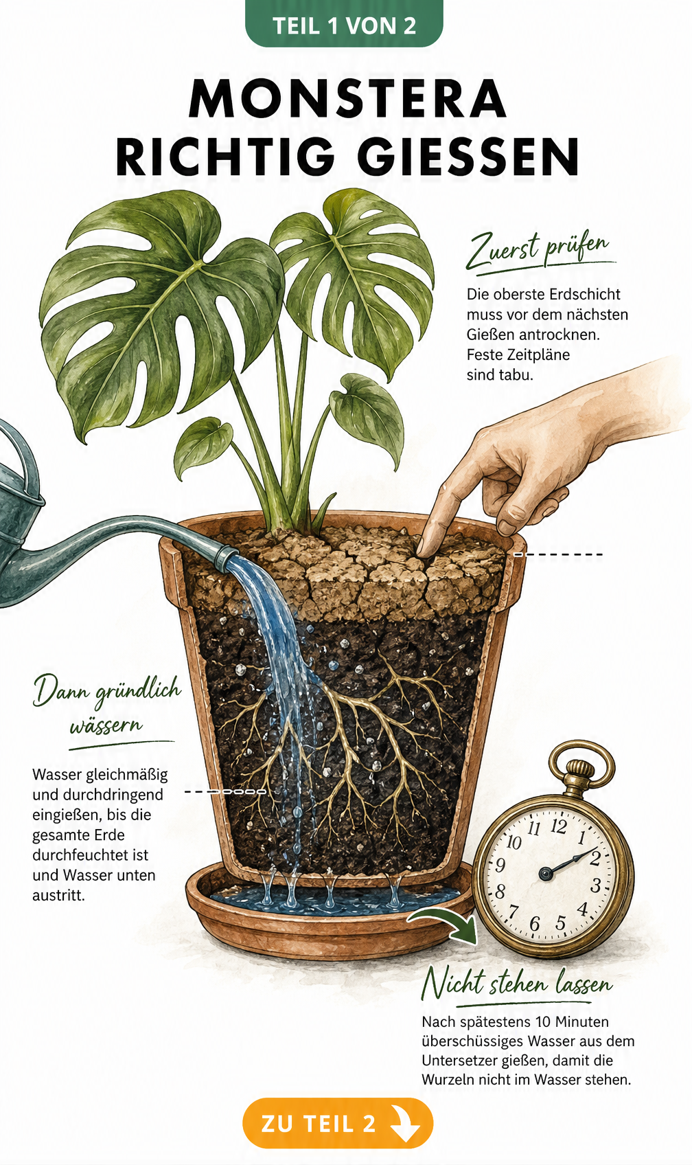 Illustration eines bepflanzten Terrakotta-Topfes mit einer Monstera, die den Gießvorgang und den Feuchtigkeitstest zeigt