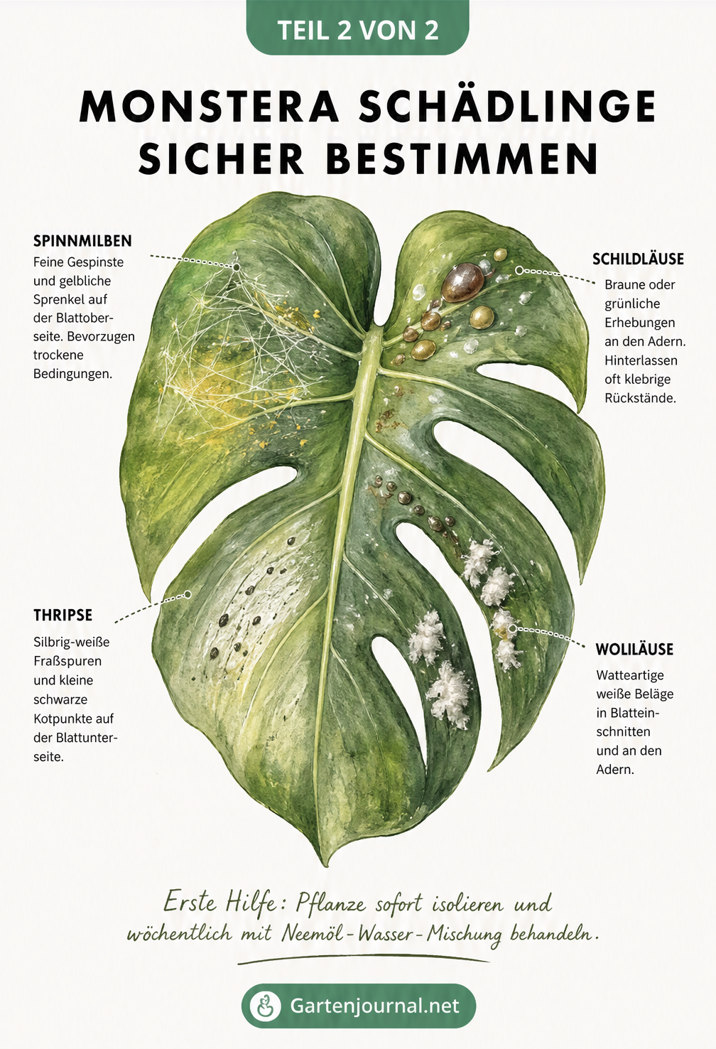 Nahaufnahme eines Monstera-Blattes mit typischen Schädlingen wie Spinnmilben, Schildläusen, Thripsen und Wollläusen sowie Tipps zur Behandlung.