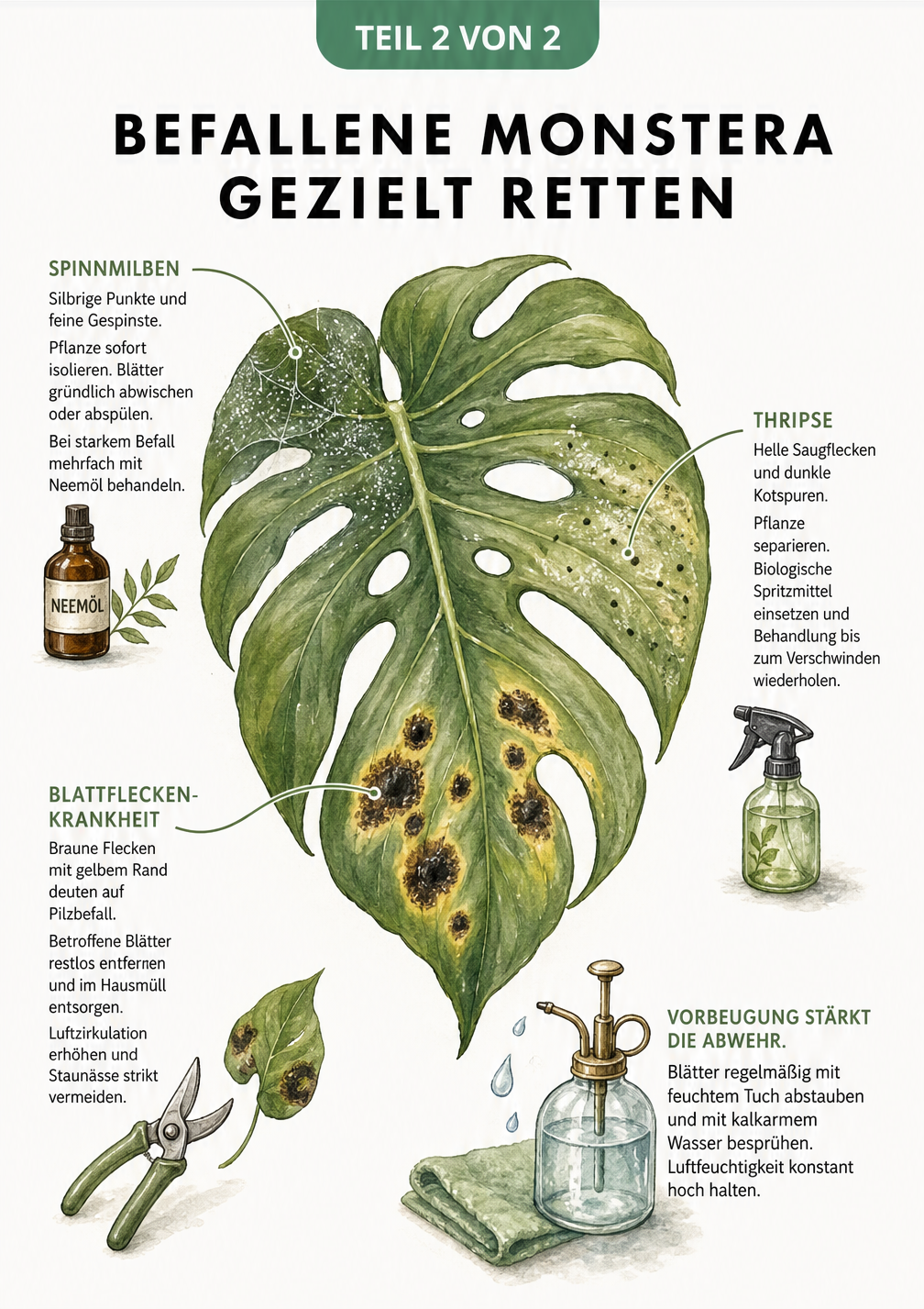 Detaillierte Zeichnung eines Monstera-Blattes mit Schadbildern von Spinnmilben, Thripsen und Blattfleckenkrankheit