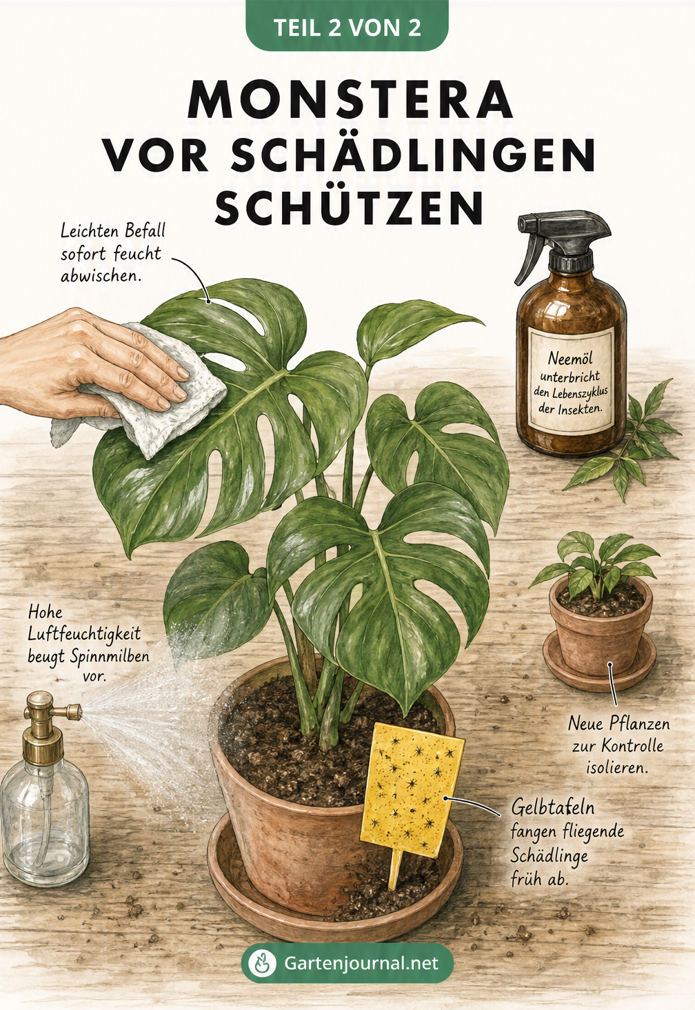 Gezeichnete Szene eines Pflanztisches mit Maßnahmen zum Schutz der Monstera vor Schädlingen, wie Blätter abwischen, Neemöl sprühen und Gelbtafeln aufstellen.
