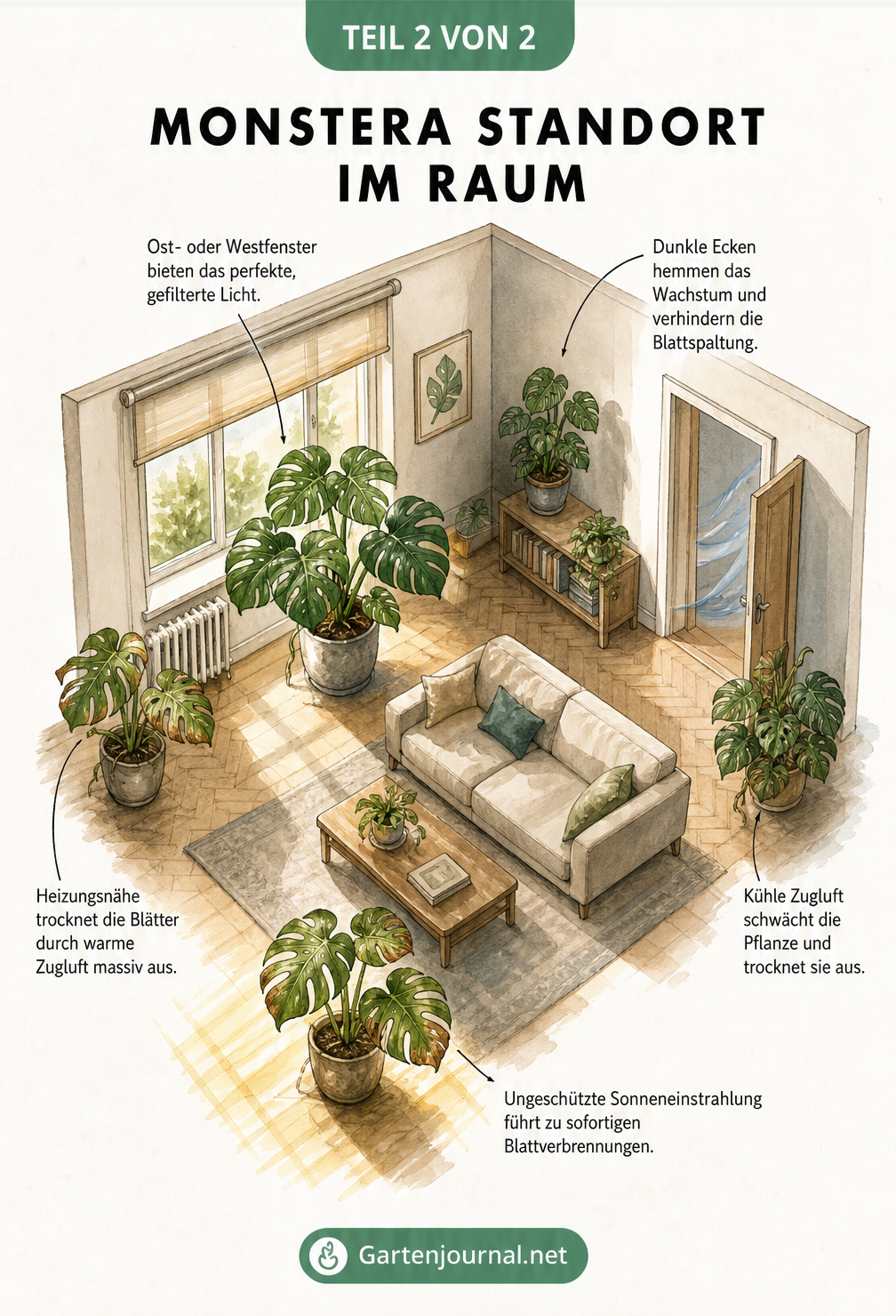 Isometrische Raumskizze, die gute und schlechte Standorte für eine Monstera im Wohnzimmer zeigt