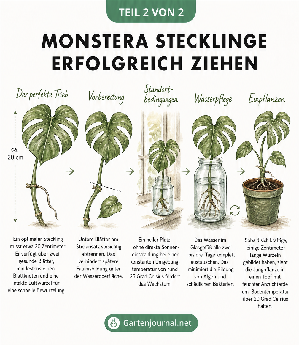 Illustration zur Vermehrung einer Monstera durch Stecklinge im Wasserglas