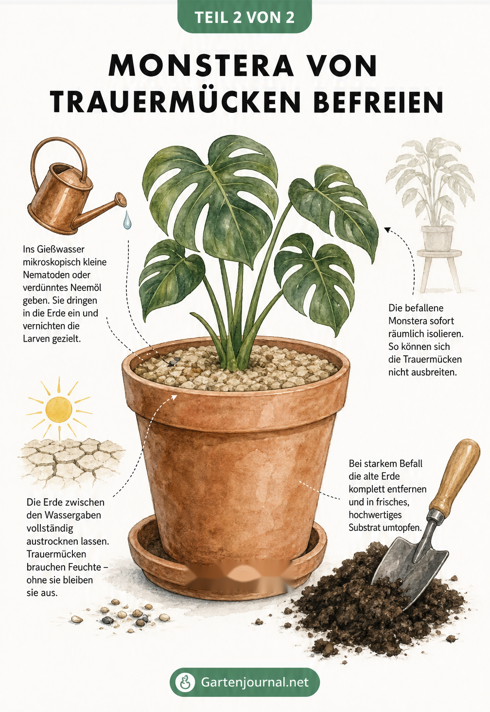 Illustration einer Monstera im Topf mit Gärtner-Utensilien zur Bekämpfung von Trauermücken