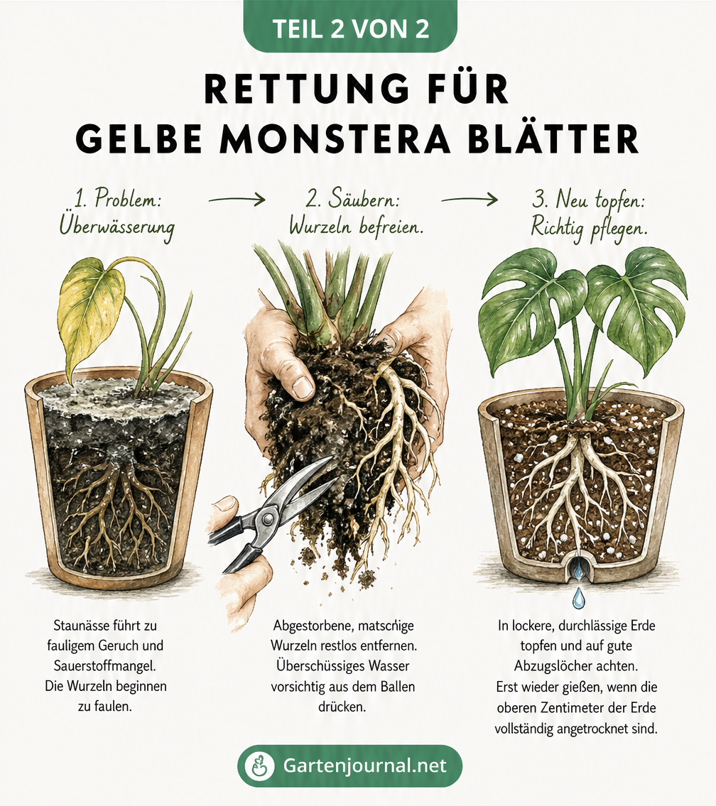 Querschnitt eines Pflanztopfes, der die Rettung einer überwässerten Monstera durch Entfernen fauler Wurzeln und Umtopfen in lockere Erde zeigt