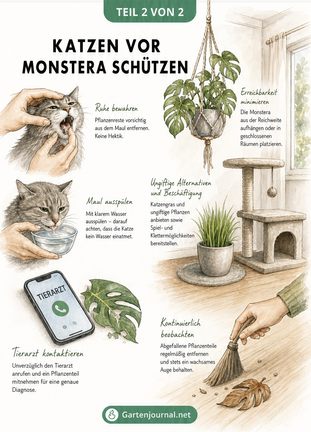 Illustration einer Wohnzimmerszene mit Erster Hilfe bei Monstera-Vergiftung und katzensicherer Raumgestaltung