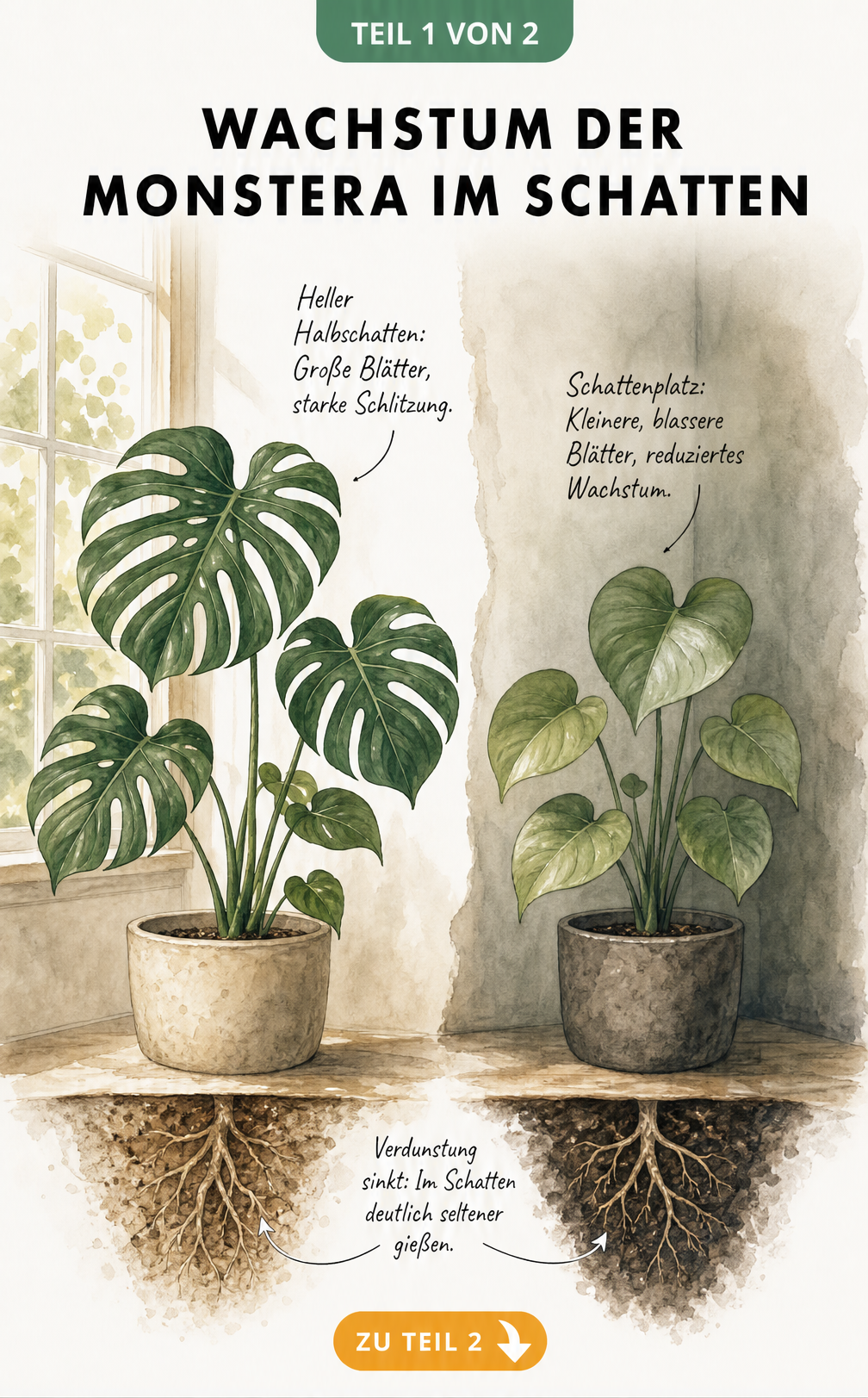 Botanische Illustration zweier Monstera-Pflanzen im Vergleich: links im hellen Halbschatten mit großen, geschlitzten Blättern und trockener Erde, rechts im...