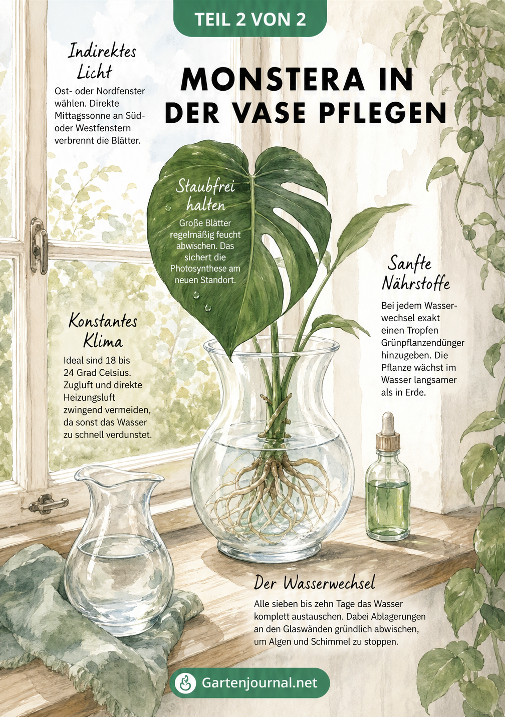 Aquarell-Illustration einer Monstera in einer Vase auf einem Fensterbrett mit Pflegehinweisen
