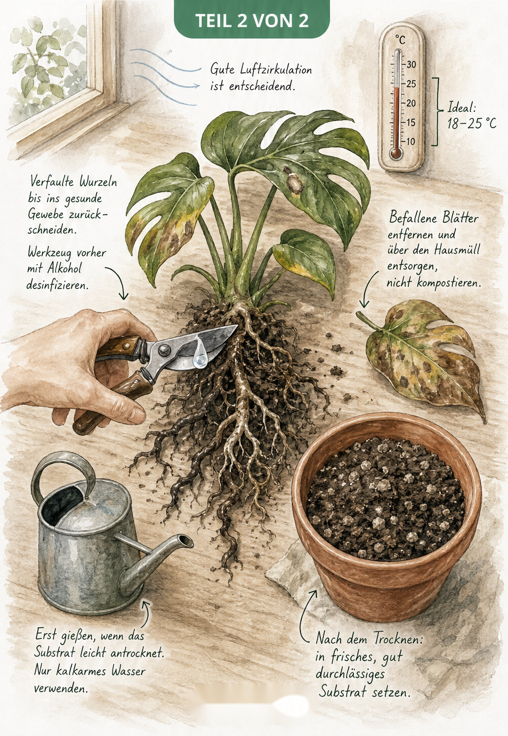 Illustration einer Werkstatt-Szene mit ausgetopfter Monstera, desinfizierter Gartenschere und frischem Substrat