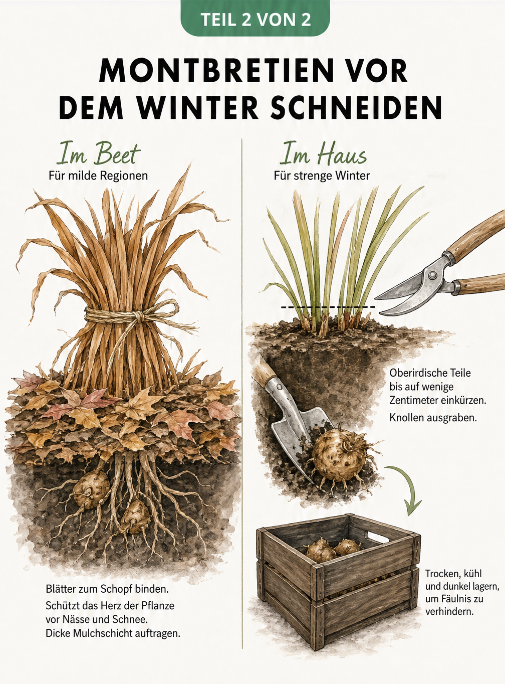 Illustration zur Überwinterung von Montbretien: Im Beet Blätter zum Schopf binden und mulchen, im Haus oberirdische Teile einkürzen und Knollen trocken lagern.