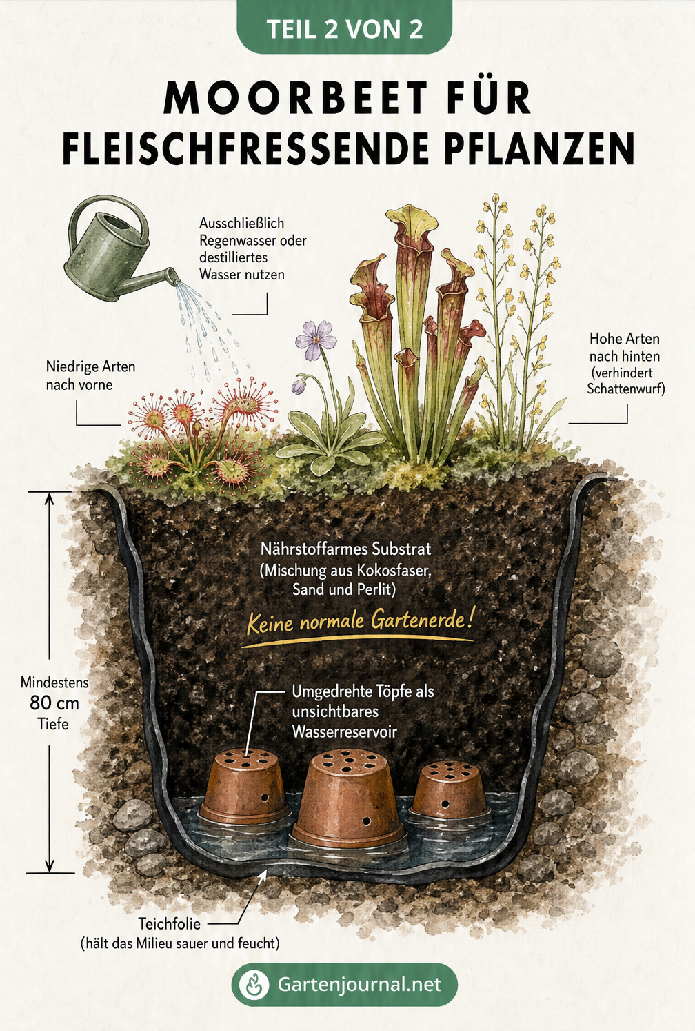 Querschnitt durch ein Moorbeet im Garten mit Teichfolie, Wasserspeicher aus Töpfen, nährstoffarmem Substrat und Bepflanzung
