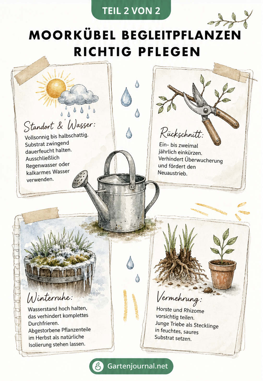 Illustrationen zur Pflege von Moorkübel-Begleitpflanzen: Standort, Rückschnitt, Winterruhe und Vermehrung.