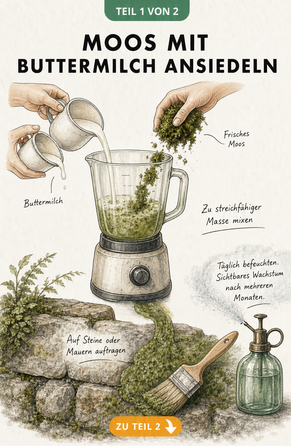 Illustration der Buttermilch-Methode zum Ansiedeln von Moos auf Steinen und Mauern