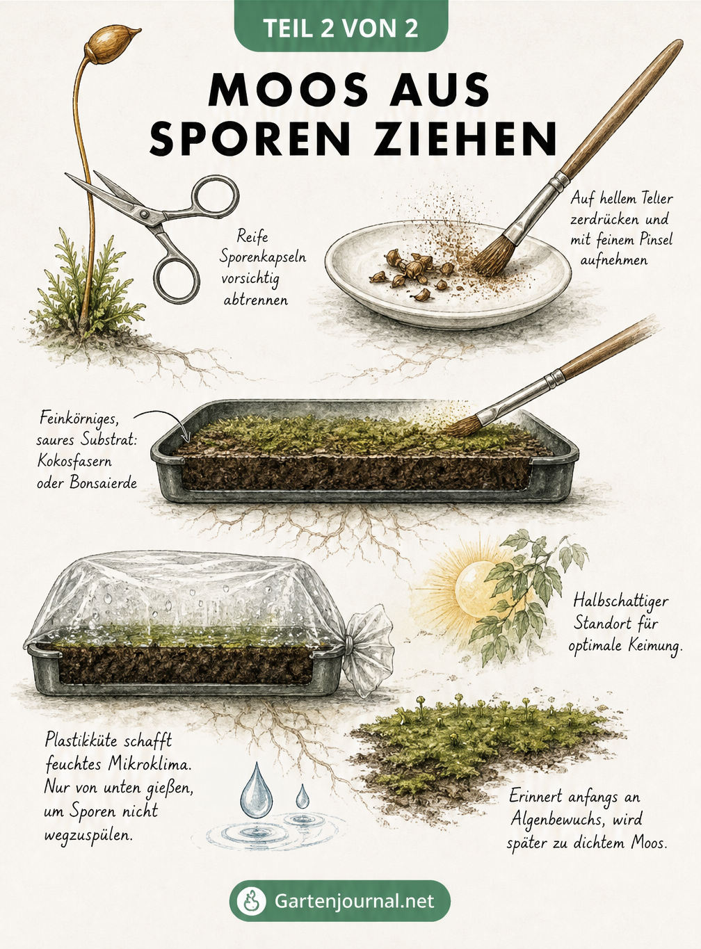 Botanische Illustration zur Vermehrung von Moos aus Sporen mit Saatschale und Pinsel