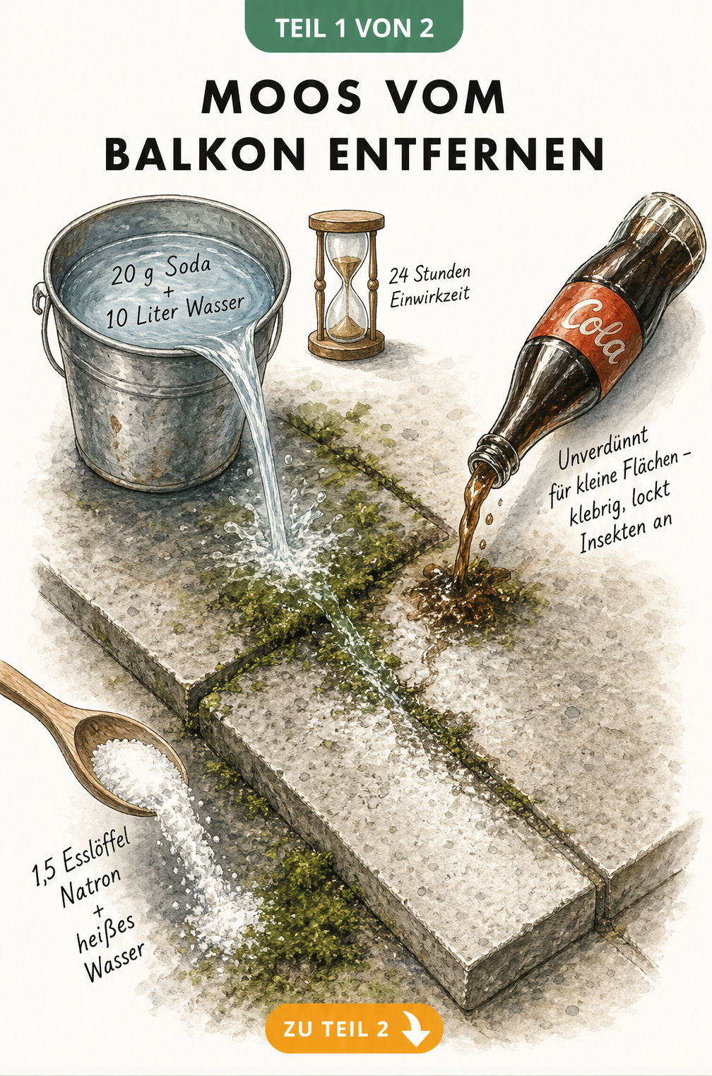 Illustration von Hausmitteln wie Soda, Natron und Cola zur Entfernung von Moos auf einer Balkonfliese