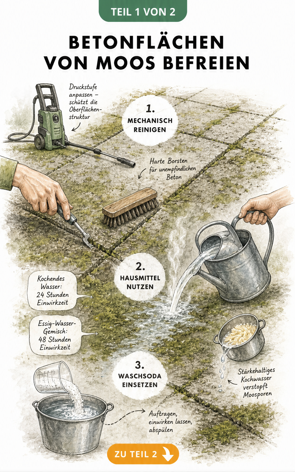 Illustration zur Entfernung von Moos auf Beton mit Hausmitteln wie kochendem Wasser und Waschsoda