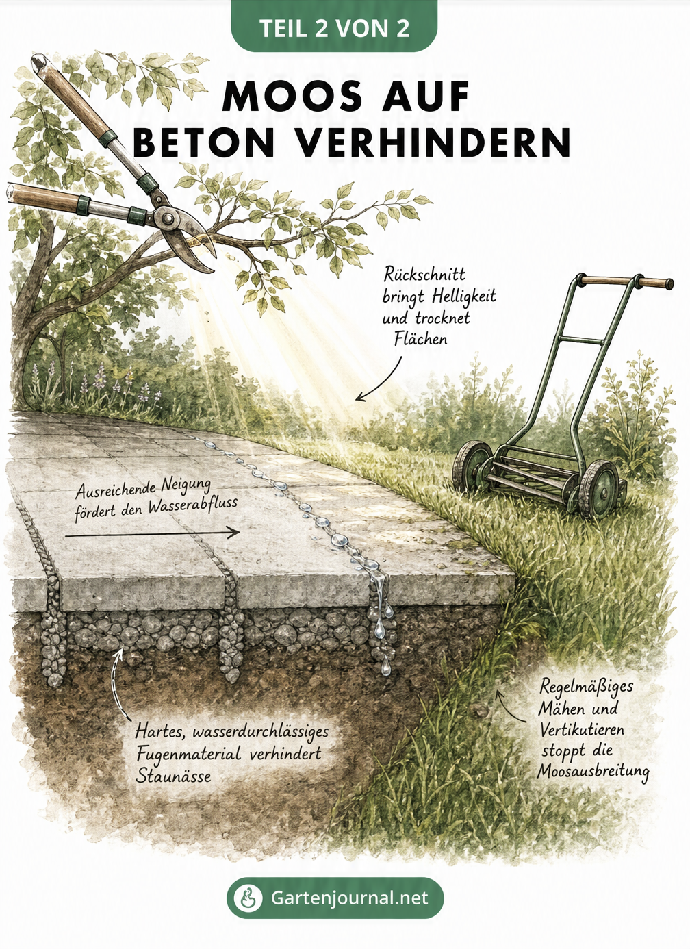 Querschnitt eines Gartens, der zeigt, wie Rückschnitt, Gefälle und Fugenmaterial Moos auf Beton verhindern