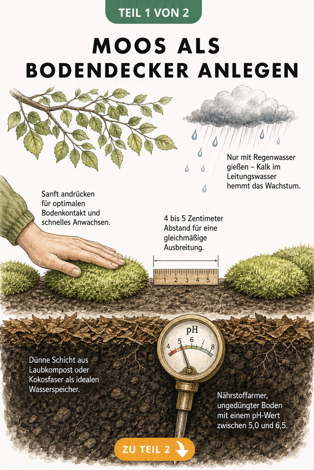 Botanische Schnittzeichnung eines Gartenbodens mit Moos-Pads, Regenwolke und pH-Messgerät
