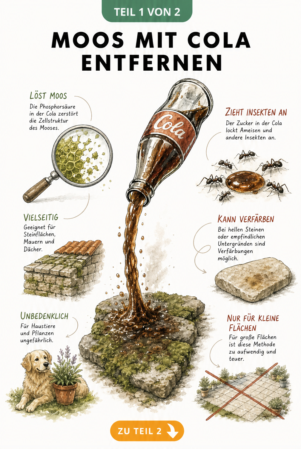 Illustration einer Cola-Flasche, deren Inhalt auf einen moosbewachsenen Pflasterstein fließt, mit Hinweisen zu Wirkung und Risiken.