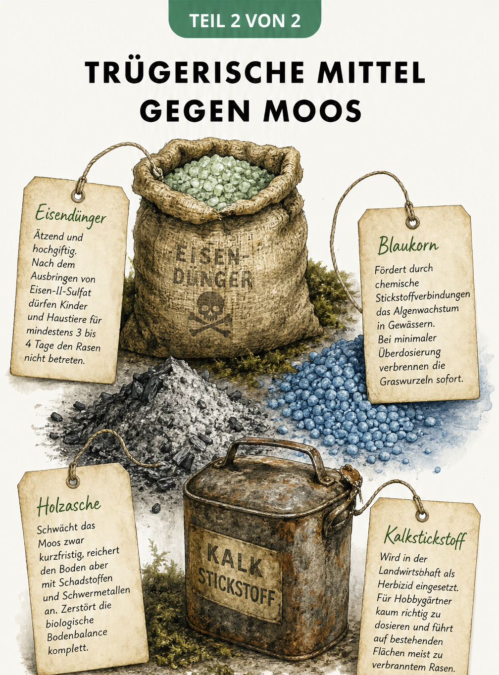 Historisch gezeichnete Warn-Tafel mit trügerischen Mitteln gegen Moos wie Eisendünger und Blaukorn