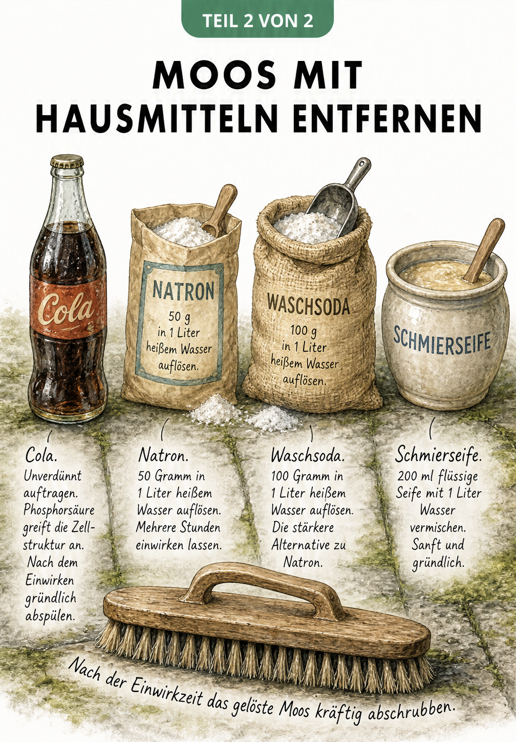 Illustration von vier Hausmitteln gegen Moos: Cola, Natron, Waschsoda und Schmierseife mit einer Schrubbbürste