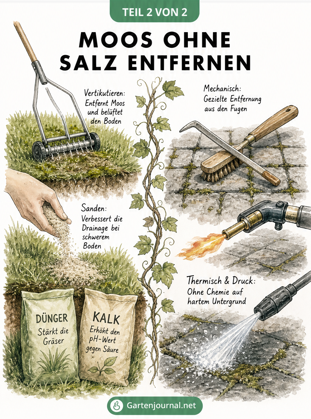 Illustration umweltschonender Methoden zur Moosentfernung auf Rasen und Terrassen