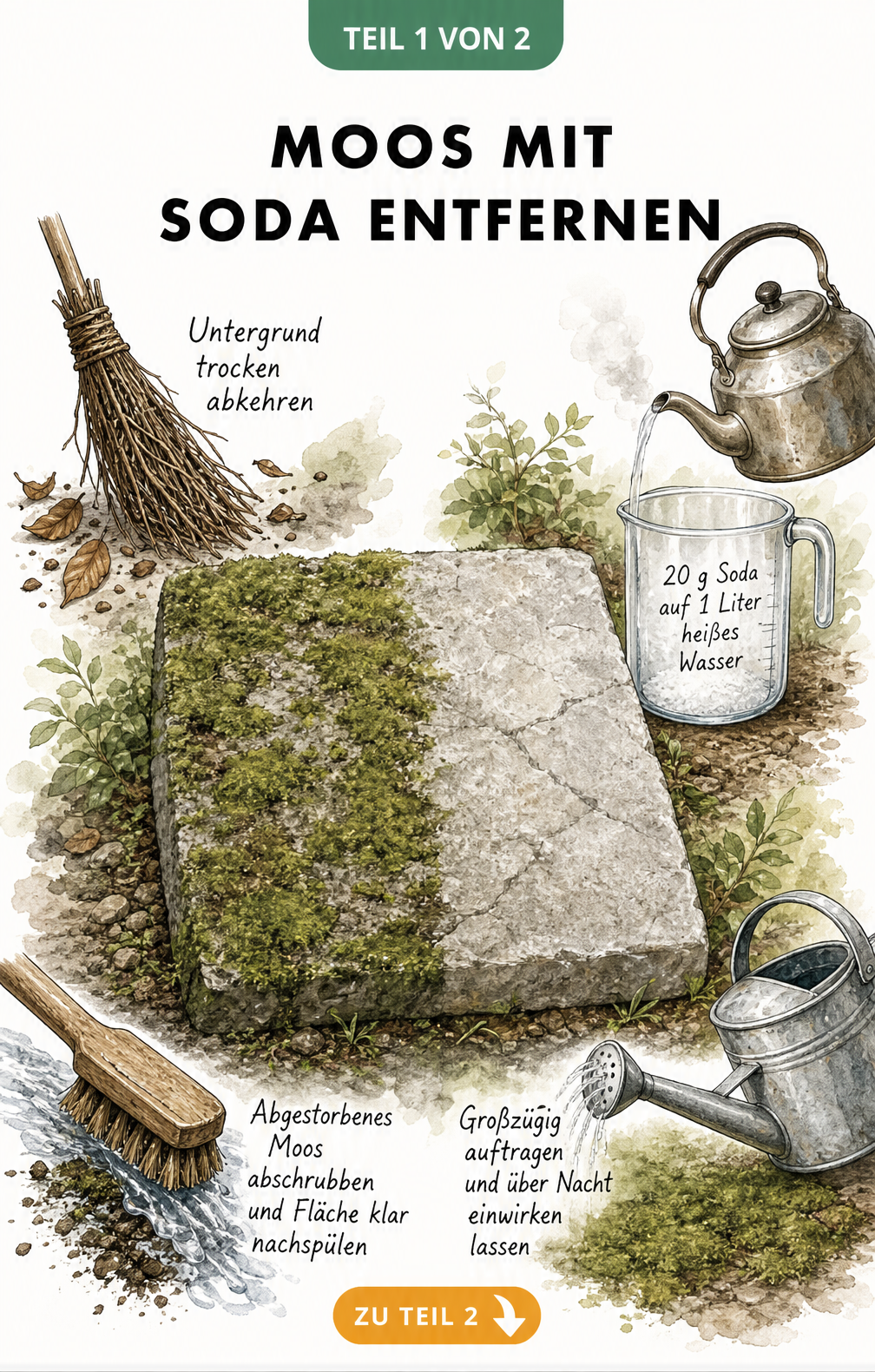 Illustration einer Terrassenplatte, die zur Hälfte von Moos befreit ist, mit vier Arbeitsschritten zur Moosentfernung mit Soda.