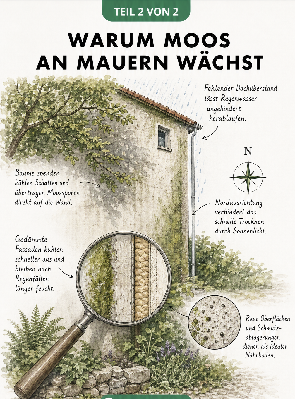 Architekturskizze eines Hauses, die Ursachen für Moosbewuchs wie fehlenden Dachüberstand, Schatten durch Bäume und Nordausrichtung zeigt